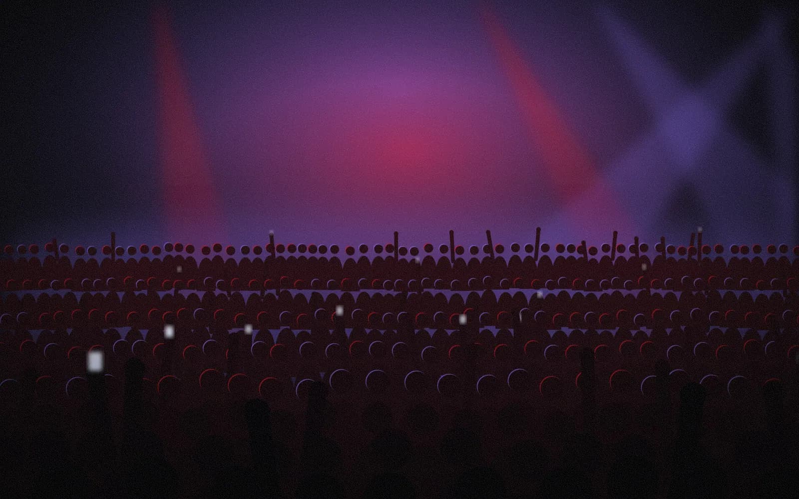 A crowd lit in violet and red