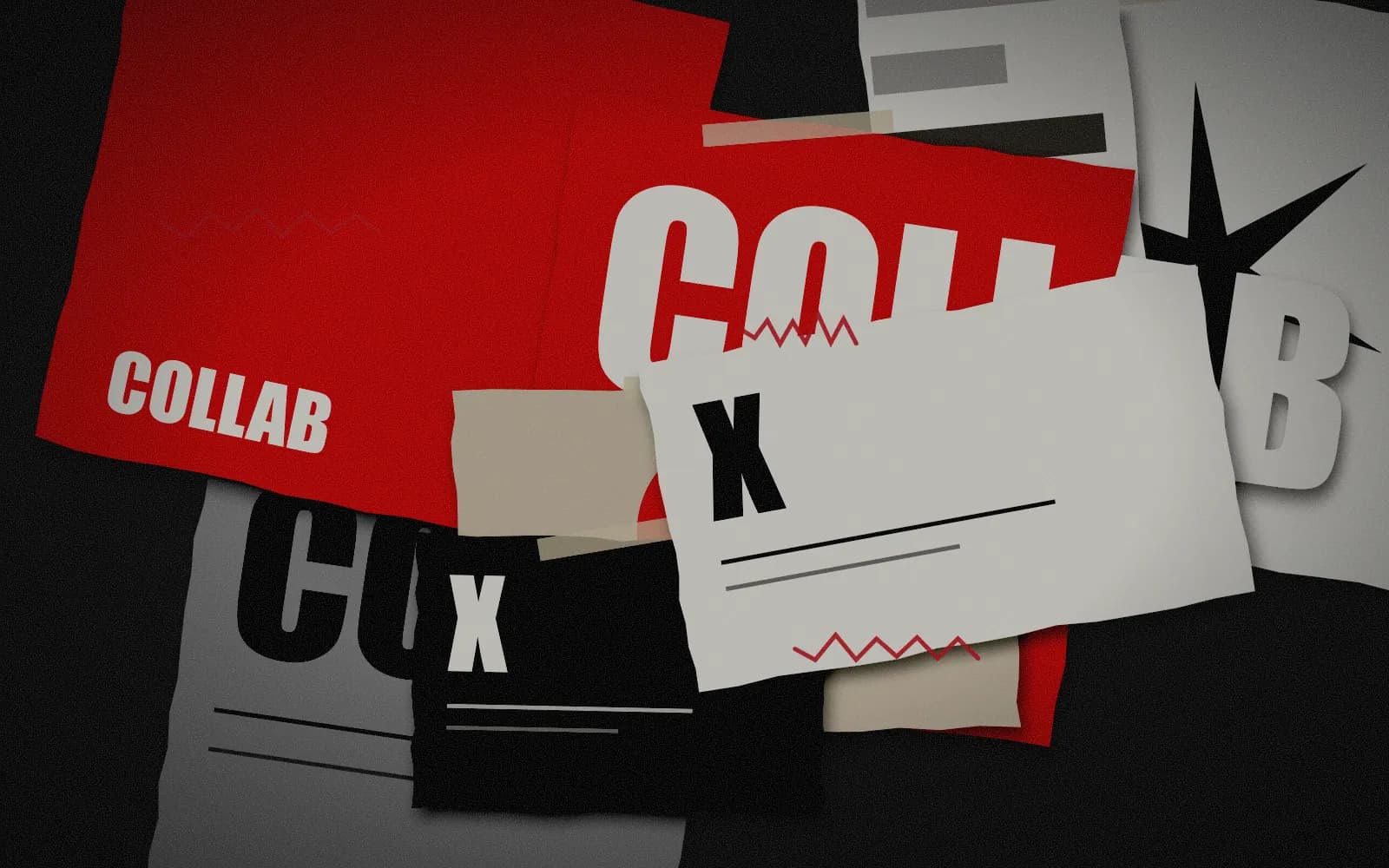 Red and black flyer collage reading Collab
