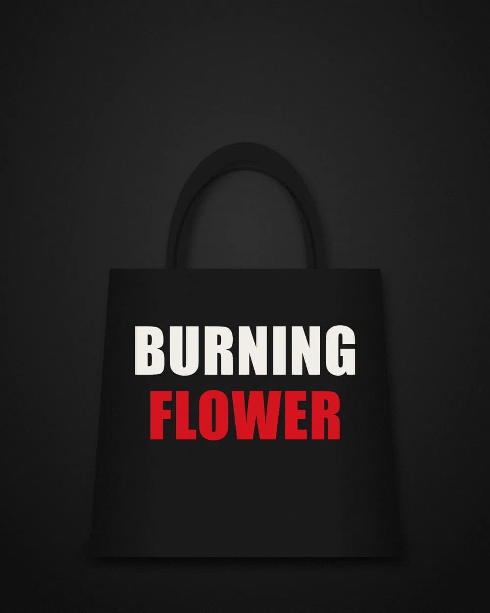 Black canvas tote printed with Burning Flower in off-white and red