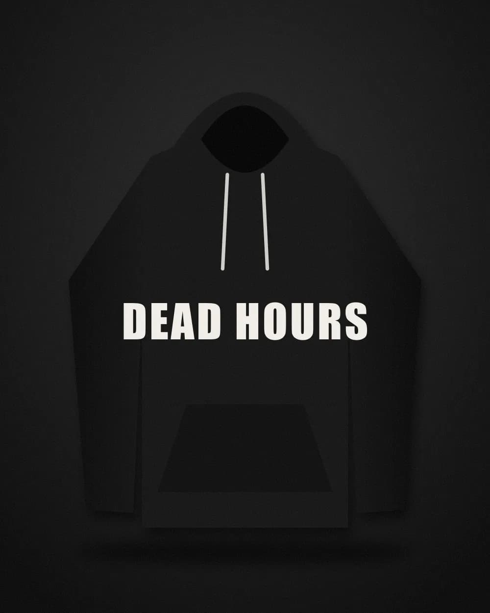 Black hoodie with the words Dead Hours printed in off-white