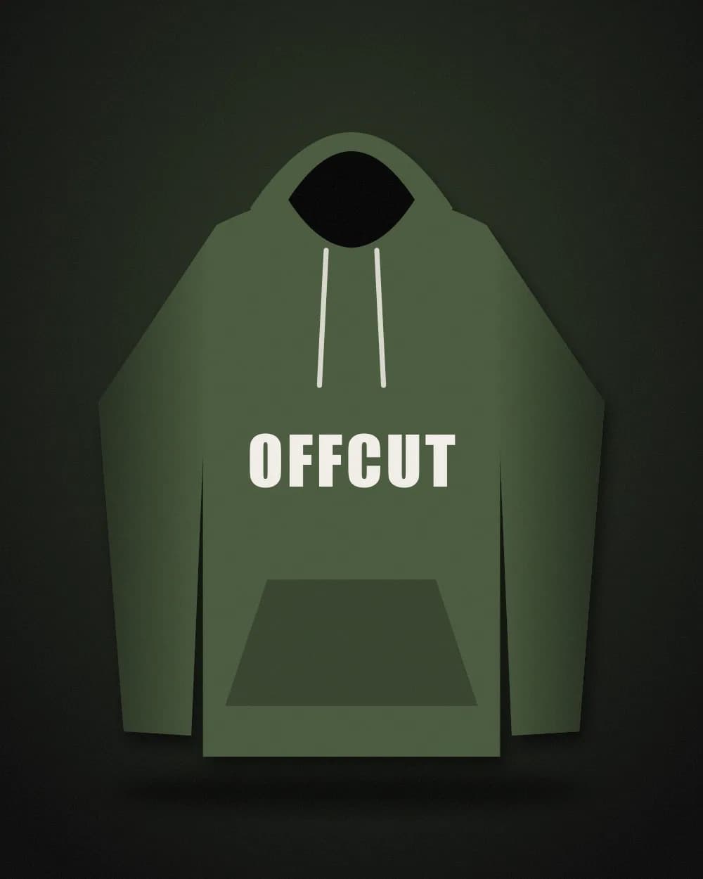 Olive hoodie with the word Offcut printed on the chest
