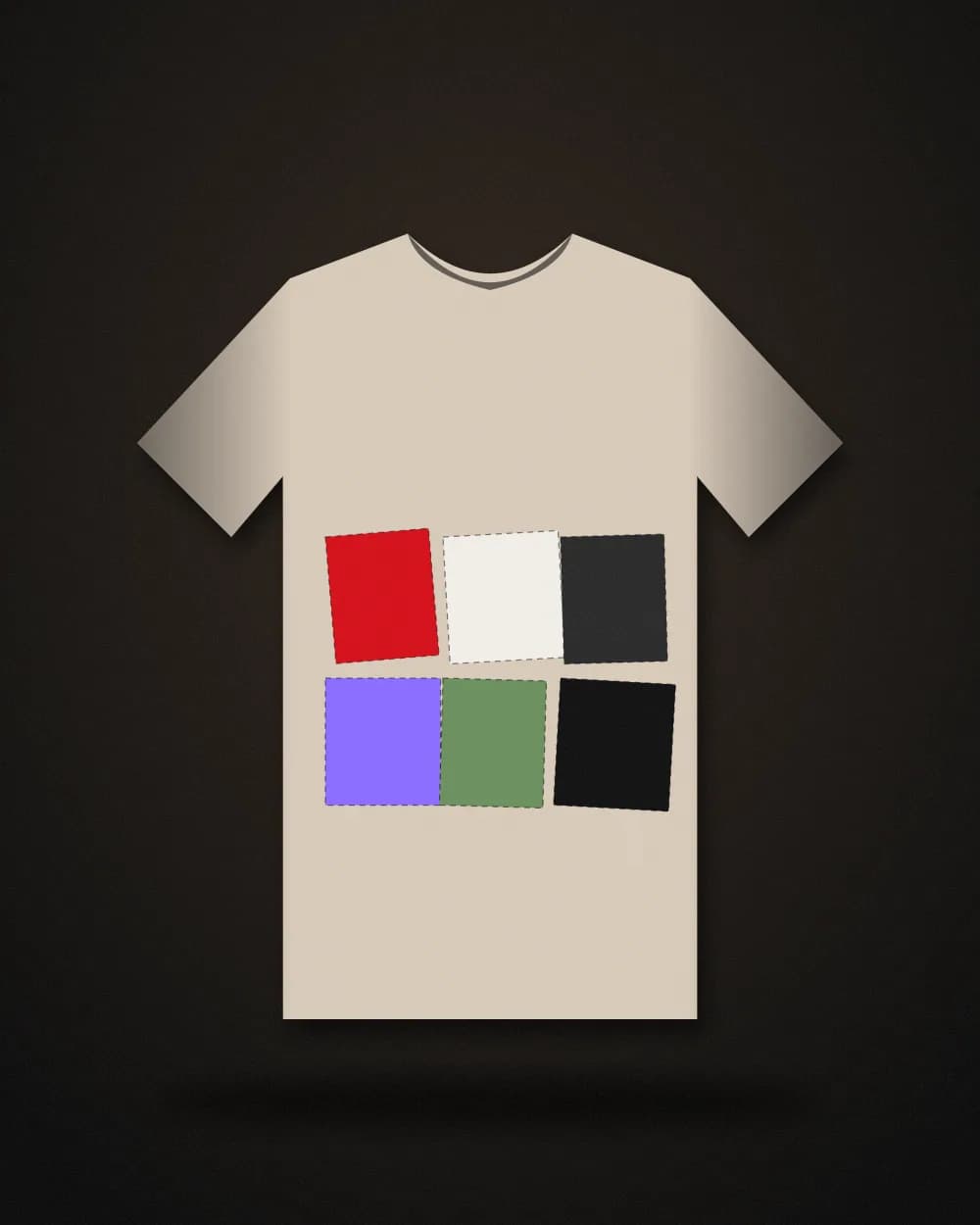 Beige tee with six stitched fabric patches in red, white, black, purple and green