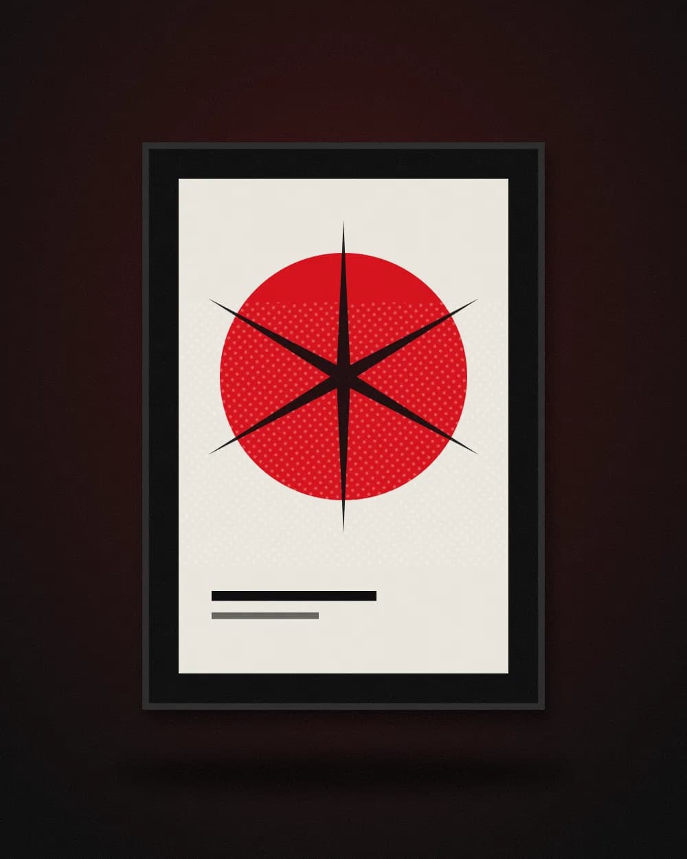 Framed print with a red circle and a black star on an off-white ground