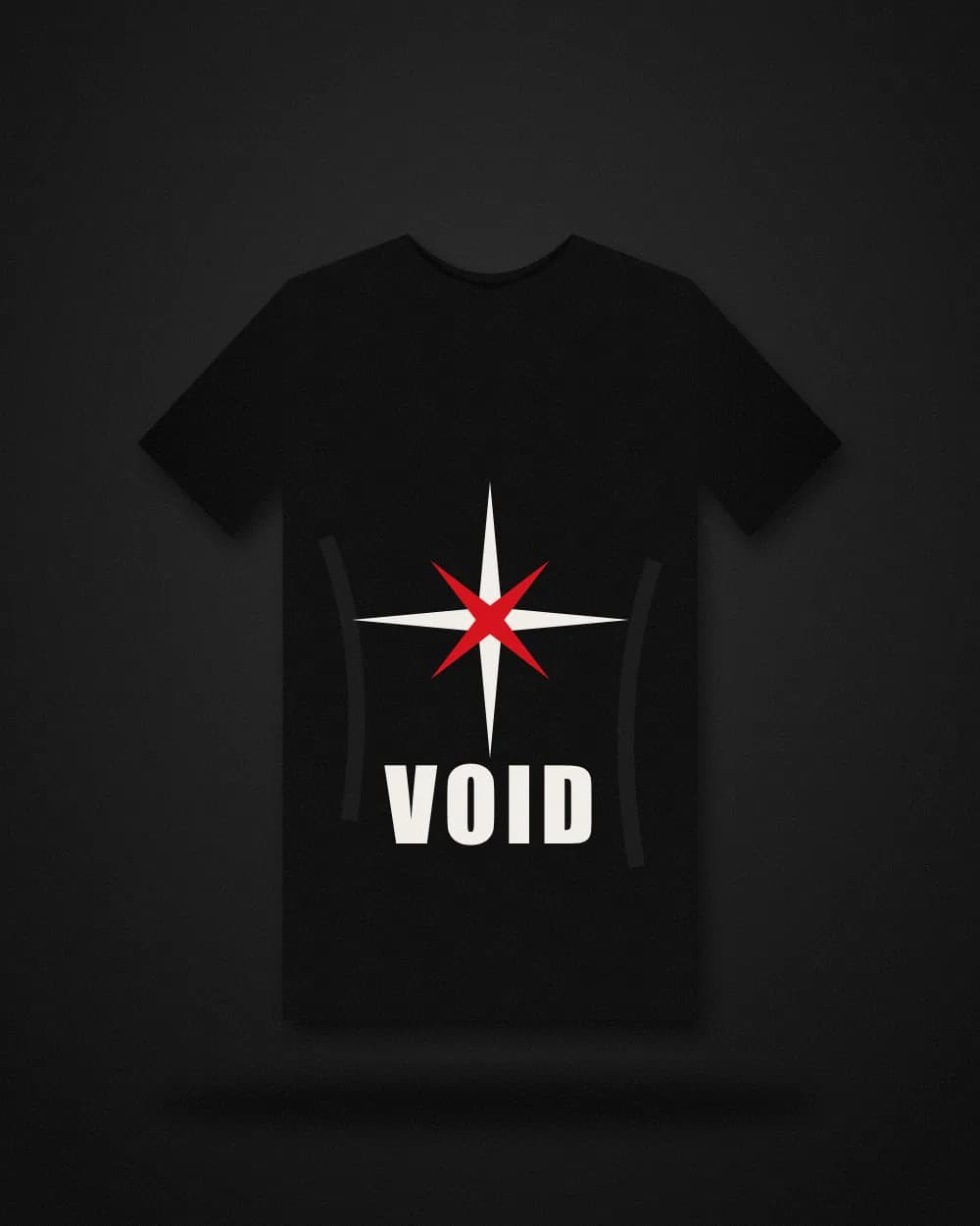 Black tee with a white and red four-point star graphic and the word Void