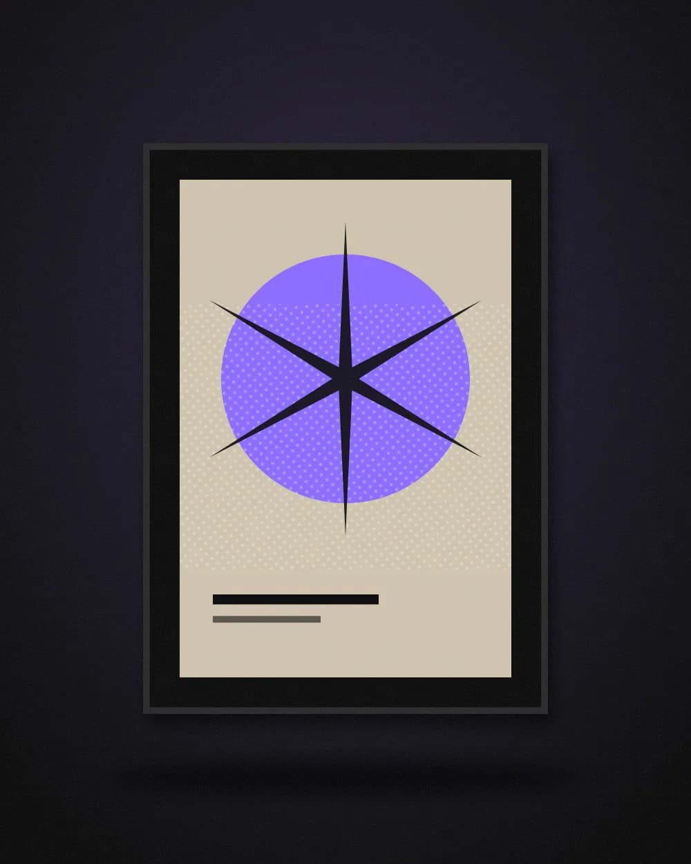 Framed print with a violet circle and black star on beige paper